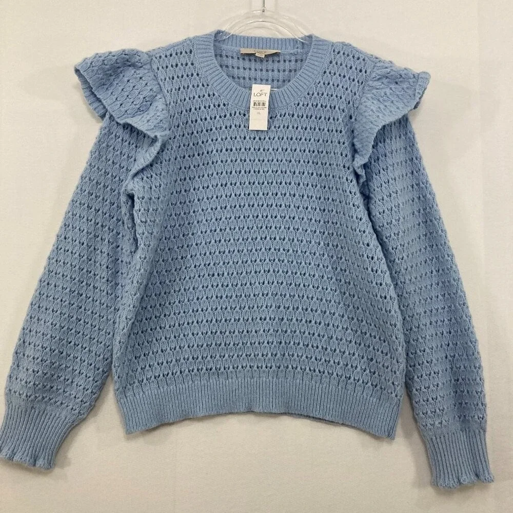 New LOFT size XL Light Blue Open Knit Ruffle Detail Elegant‎ Preppy Sweater